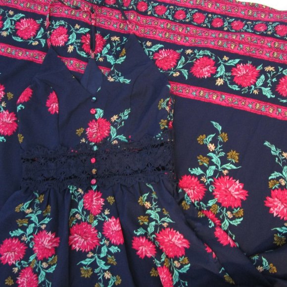 Floral Maxi Halter Racer Dress Fuchsia Navy Blue Crepe - Picture 7 of 10